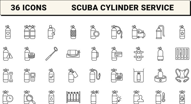 Scuba Tank Tank Fill Log Web Icon Set in Linear Style. Collection of Cylinder Service line icons, including air fill, hydrostatic test, inspection, maintenance, logging, gas blending.