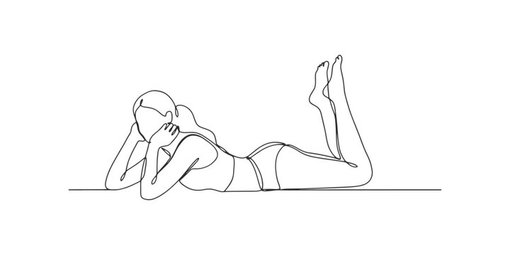 Continuous single line drawing of a relaxed woman lying on her stomach in a bikini