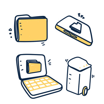 Collection of handdrawn doodle icons representing file management, digital storage, and data transfer concepts. Features computer folders, documents, laptop, smartphone, and recycle bin