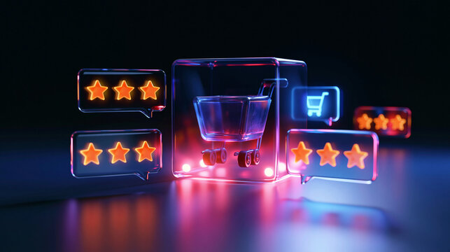 online shopping concept with transparent digital storefront surrounded by customer ratings, reviews and glowing shopping cart symbols, futuristic 3D illustration, blue and violet environment, copy