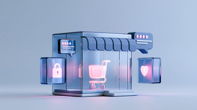 online shopping concept with transparent digital storefront surrounded by customer ratings, reviews and glowing shopping cart symbols, futuristic 3D illustration, blue and violet environment, copy