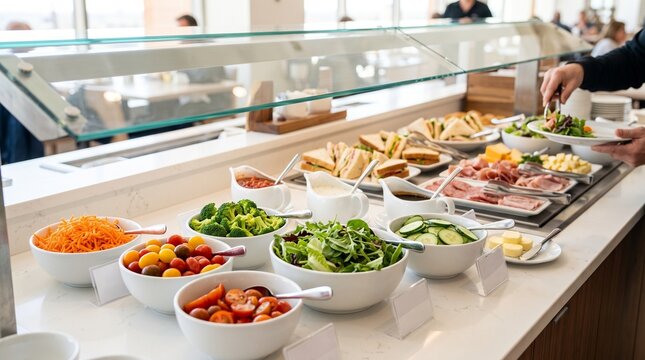 Fresh salad bar with vegetables, sandwiches, and cold cuts in a modern restaurant buffet