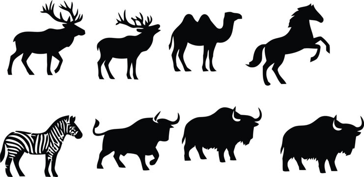 Deer moose and zebra silhouette set wild mammal graphic