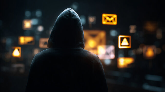 Anonymous hooded hacker working within dark digital space surrounded by glowing orange cyber security notification icons