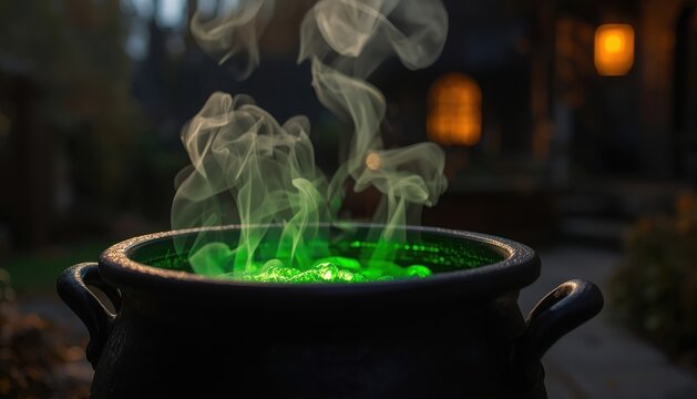 Black witch cauldron with bubbling bright green magical potion and swirling toxic smoke toxic steam halloween magic spooky brew bubbling liquid black pot magic spell sorcery potion evil brew
