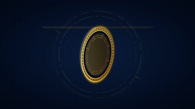 A golden oval emblem with intricate detailing, set against a dark blue background with subtle circular graphic elements.