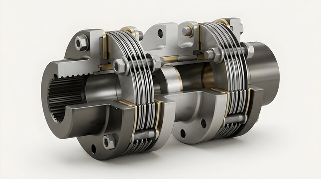 Metallic disc coupling mechanical component cutaway view for heavy industrial power transmission systems and rotating machinery shaft alignment