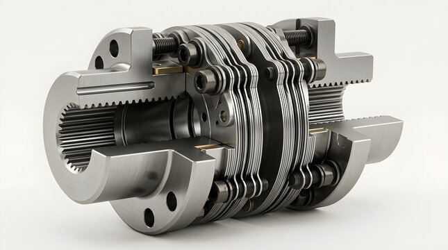 Cross-section view of a metallic disc coupling showing internal gears and flexible disks for mechanical power transmission