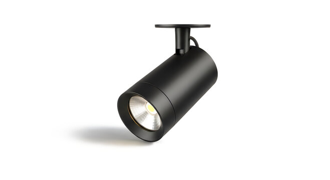 Modern black LED track spotlight fixture isolated on white background