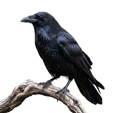 Black raven perched on a bare tree branch.