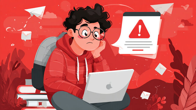 Worried student sitting with a laptop looking at an error notification in bright red background