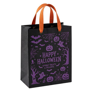 Halloween themed gift bag with orange handles.