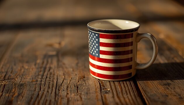 Independence day celebration american flag mug on wooden table
