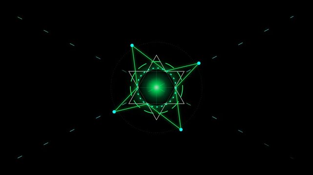 A glowing green geometric mandala-like symbol with sharp lines and dots against a black background.