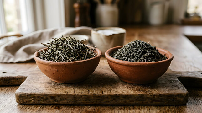 Two clay bowls filled with fresh dried rosemary and thyme herbs on rustic wooden board.