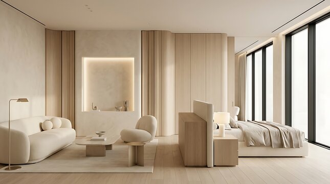Modern luxury bedroom interior with beige furniture and minimalist decor in bright apartment