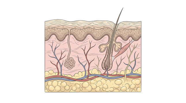 Anatomical skin cross section illustration, human skin layers with hair follicle and sweat gland, medical dermatology diagram