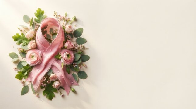 Vintage pink ribbon with delicate roses and eucalyptus flat lay composition on beige background with large copy space