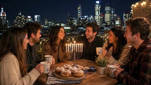 Five friends gather around a table with a lit menorah and donuts, enjoying a warm Hanukkah celebration on a city rooftop at night.