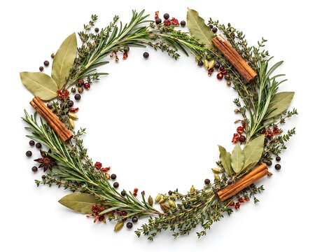 Festive Wreath of Dried Herbs and Whole Spices on White Background