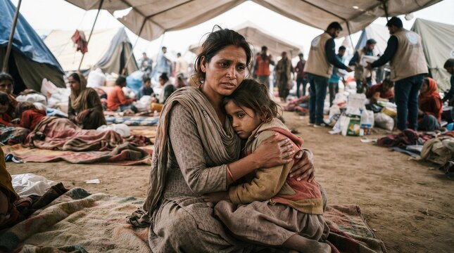 Woman hugs a child tightly in a makeshift camp. Tents and sleeping mats dot the dusty ground. Background figures move, attend to daily needs. Her eyes show deep weariness and quiet strength
