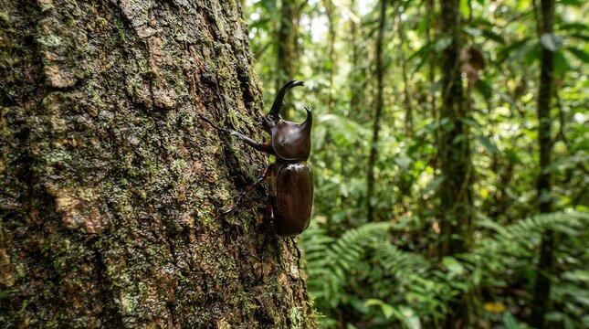 Large beetle clings to rough tree bark. Lush green forest forms soft, blurred background. Natural light filters through dense canopy. Beetle's dark shell contrasts with rough bark