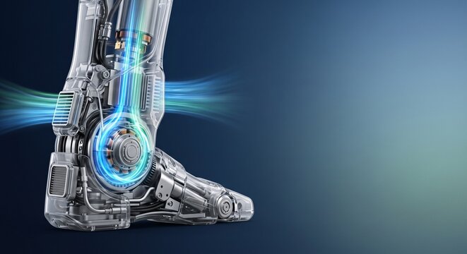 Futuristic robotic leg mechanism with transparent casing showing inner motors, blue energy flow and fluid dynamics on dark background
