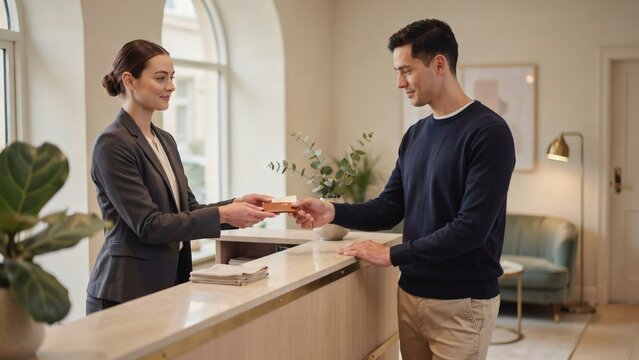 Friendly hotel receptionist handing a key card to a male guest at the front desk in the lobby