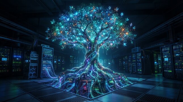 Digital tree made of cables in server room