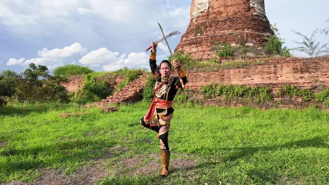 Thai Warrior Practicing Sword Martial Arts at Ayutthaya Historical Park