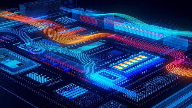 3D rendered illustration of a futuristic digital circuit board with glowing data streams, symbolizing modern technology, data transfer, artificial intelligence, and innovation concepts.