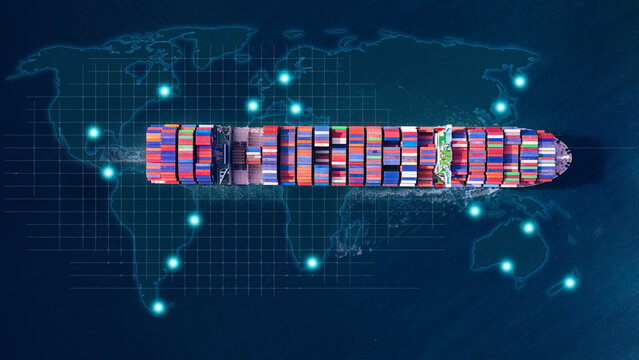 Aerial top view containers ship cargo business commercial logistic and transportation international import export by container freight cargo ship in the open seaport show ocean network on map	
