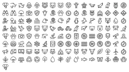 Fototapeta premium Set of nature and wildlife thin line icons on white background