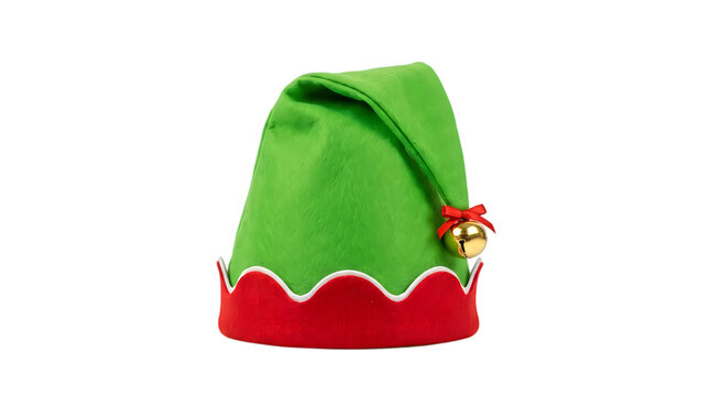 Green elf hat with red trim and gold jingle bell, festive Christmas helper costume accessory, isolated holiday party prop on white background
