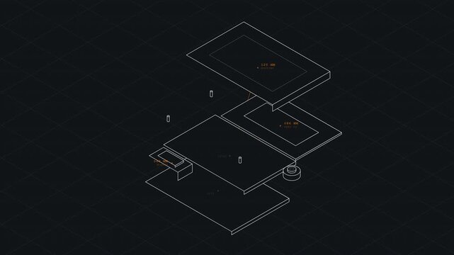 Technical Exploded View Animation with Isometric Schematics and Floating Component Annotations