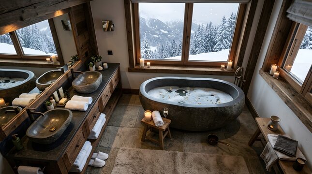 Luxury bathroom with scenic snowy mountain view and soaking tub