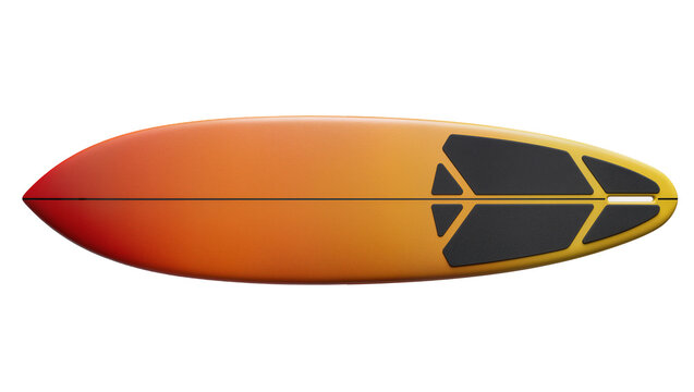 Gradient orange and yellow surfboard with black traction pads, isolated on transparent background