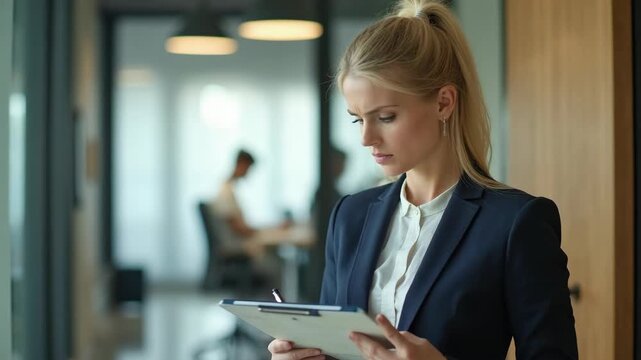 A professional businesswoman with a clipboard stands in a modern office environment with doubt expression, ready for a meeting or presentation. Corporate setting and teamwork are emphasized.