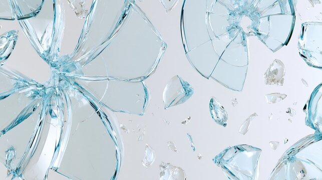 Shattered glass fragments float and scatter across a light background.
