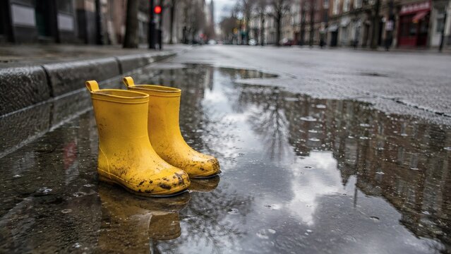 Yellow rain boots sitting in a puddle on a city street