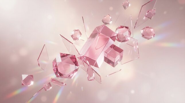 Abstract geometric crystal shapes floating light reflecting sparkle