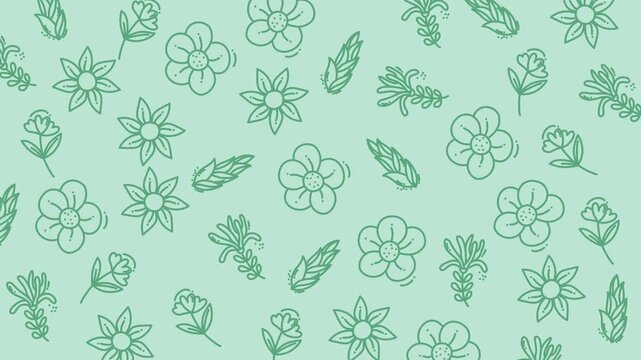 Hand drawn floral shapes in repeating line art patterns, in soft light green. Ideal for backgrounds, stationery, textiles, and packaging.