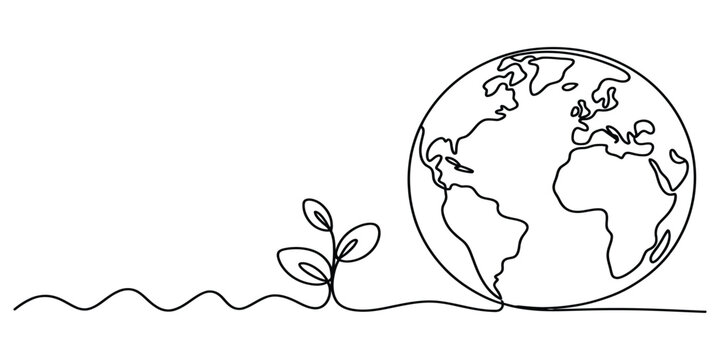 Continuous single line drawing of planet earth globe with a small growing plant sprout isolated on a plain white background for eco concept illustration