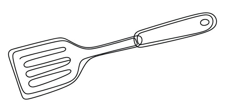 Black and white line drawing of a kitchen spatula for cooking and flipping food isolated on a clean white background for design projects illustration