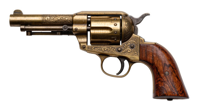Antique brass revolver with ornate engraving and wooden grip, isolated on transparent background