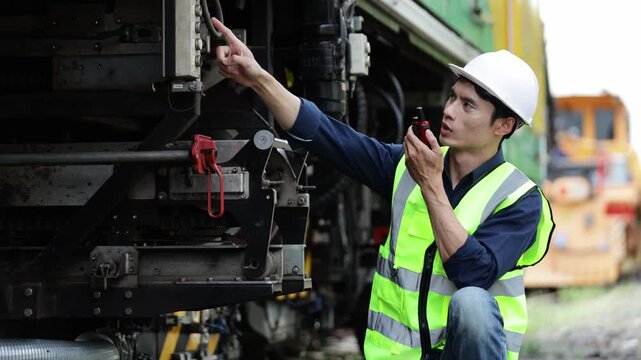 Railway engineer inspecting locomotive using walkie talkie