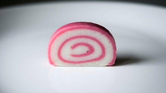 Single slice of pink and white narutomaki fish cake on white plate