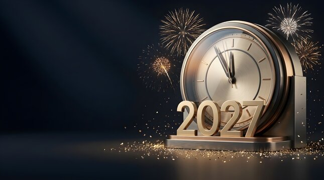 New year 2027 celebration clock with fireworks display