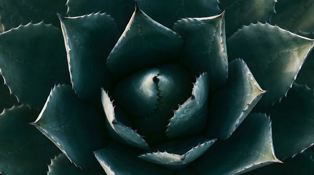 Macro Top View of a Dark Green Agave Succulent Plant with Sharp Spiky Leaves Forming a Natural Geometric Pattern Perfect for Botanical Wallpaper, Wellness Concepts, and Minimalist Interior Design .