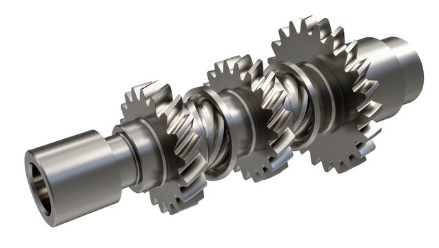 Polished metal worm gear mechanism with multiple interlocking cogwheels, isolated on transparent background